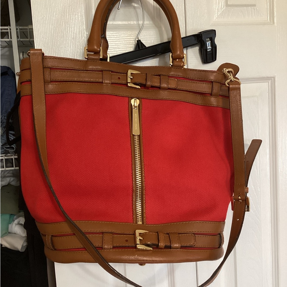 Michael Kors Collection Red Canvas Tote with Tan Leather Trim